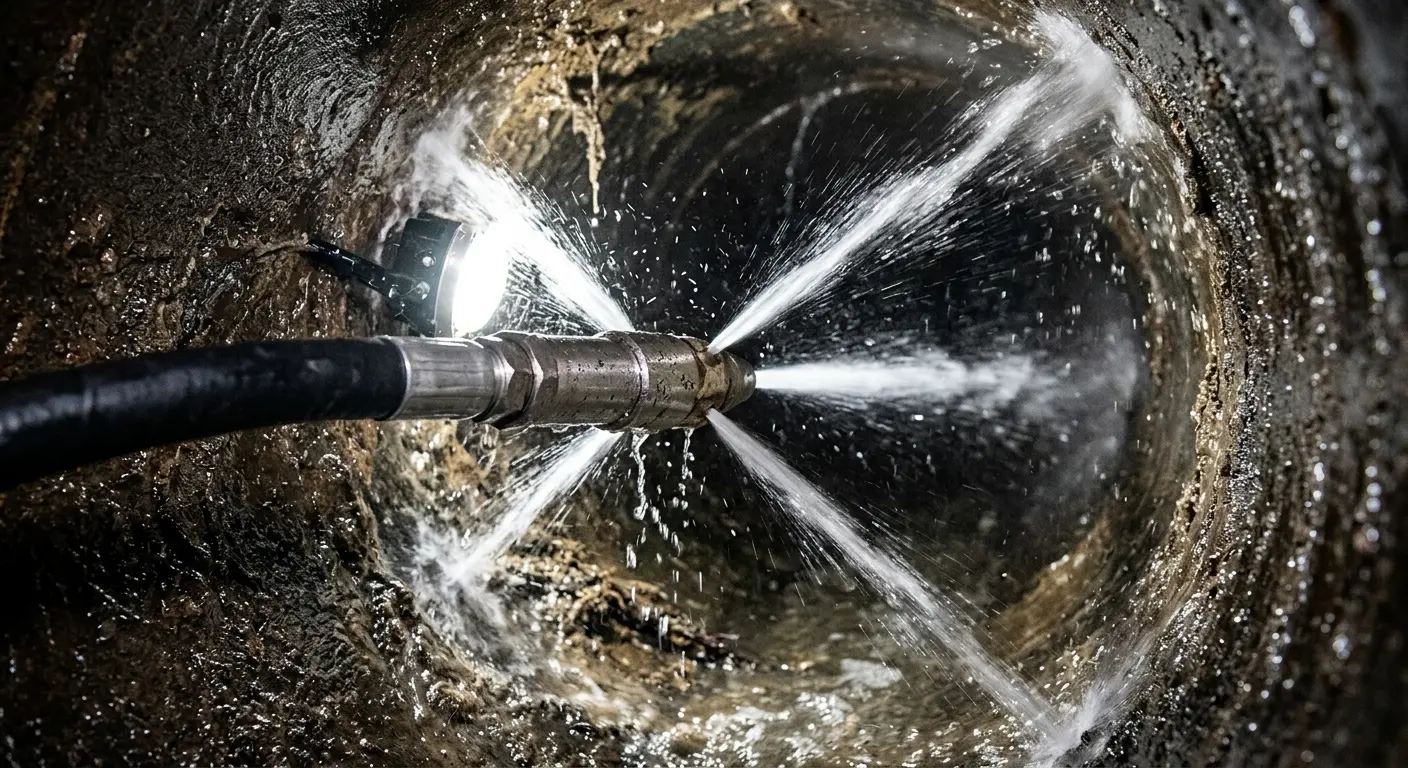 High-pressure hydro jetting nozzle cleaning sewer pipe for Storm Drain Cleaning in St. James